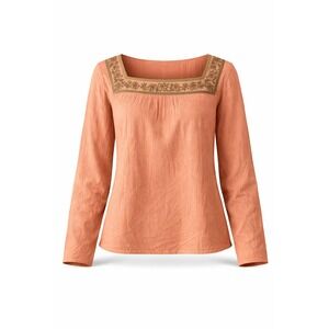 Vintage Madness Salmon Pink Embroidered Boho Cotton‎ Gauze Peasant Blouse Large